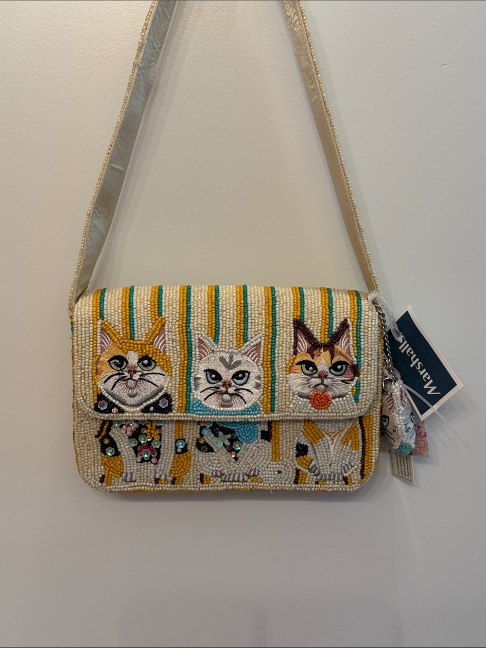 NWT-Beaded Cats Shoulder Bag in Yellow and Cream